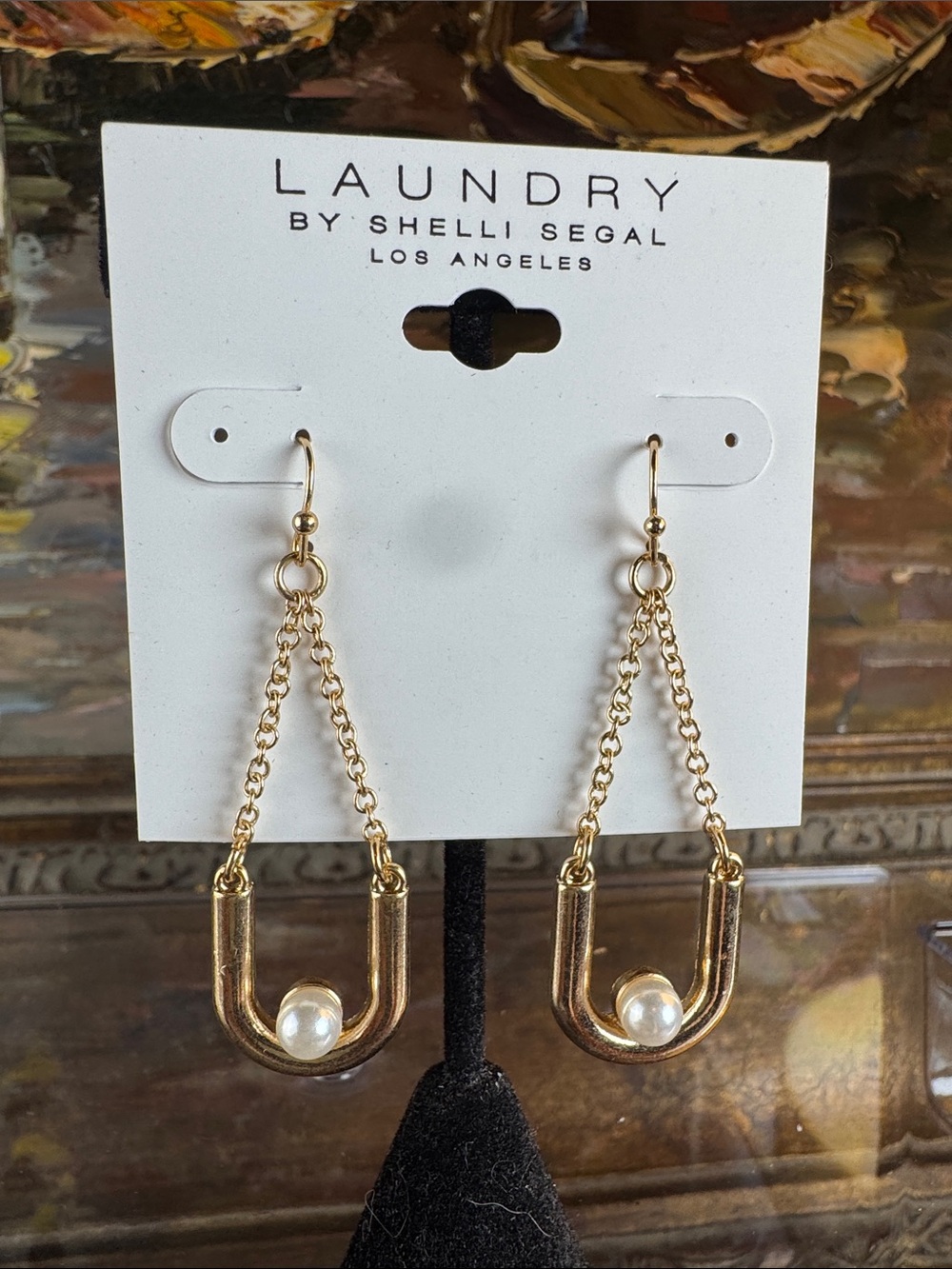 0741-Laundry By Shelli Segal Gold Chain Drop Earrings with Pearl Accent
